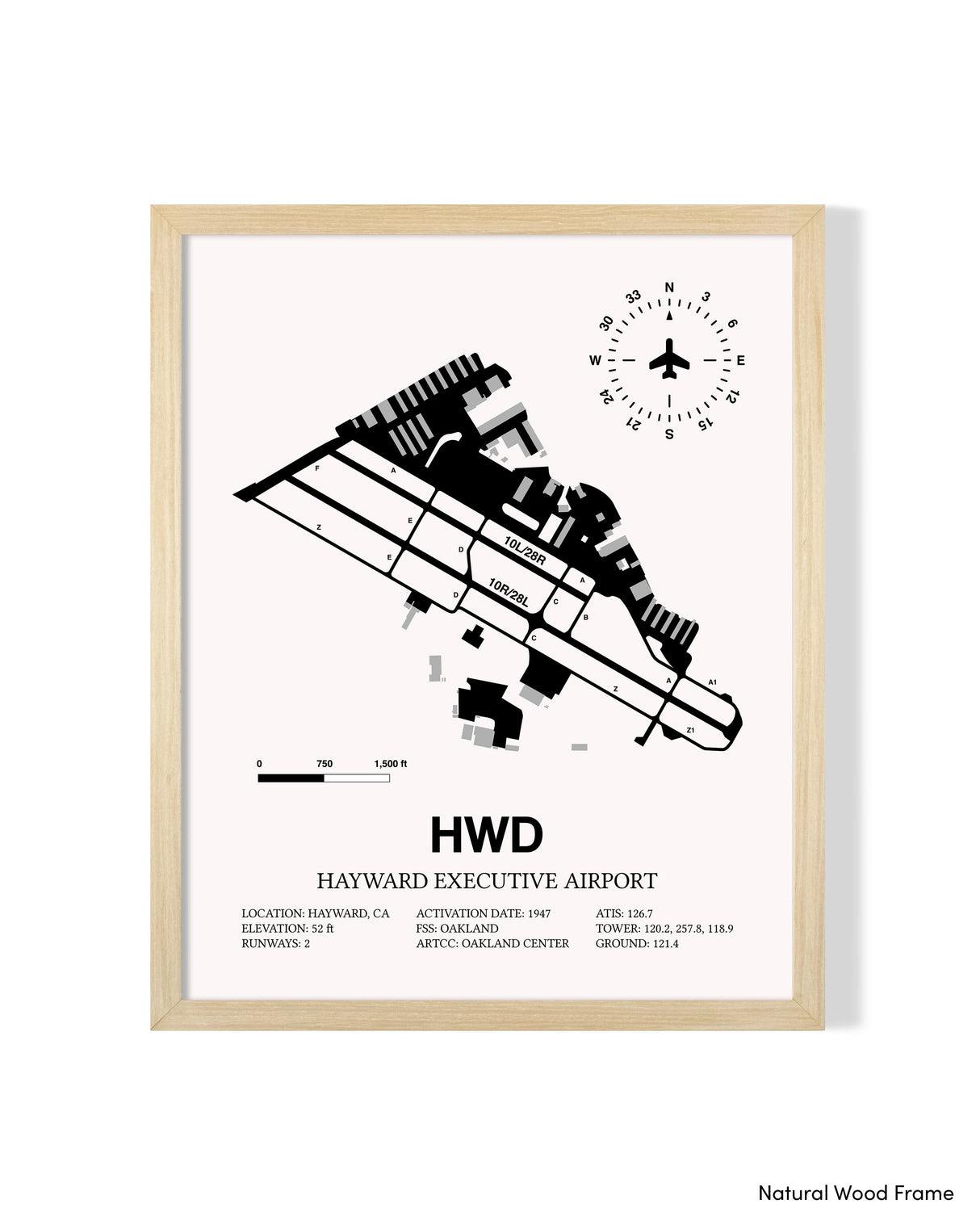 Detailed Airport Map of Hayward Executive Airport (HWD) in White with a Natural Frame