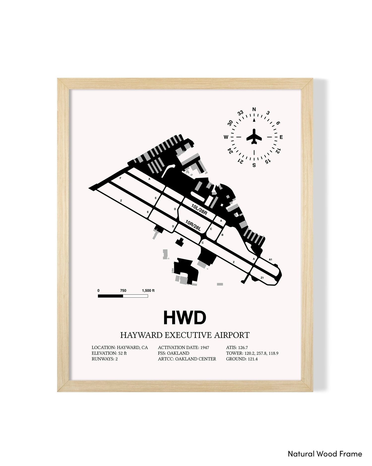 Detailed Airport Map of Hayward Executive Airport (HWD) in White with a Natural Frame