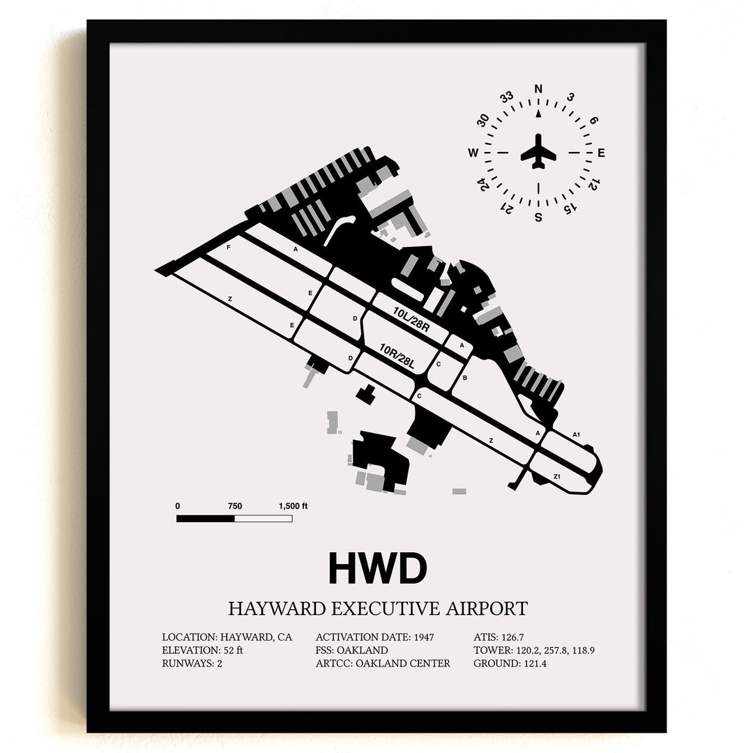 Framed Detailed Airport Map of Hayward Executive Airport (HWD) in White with a Black Frame