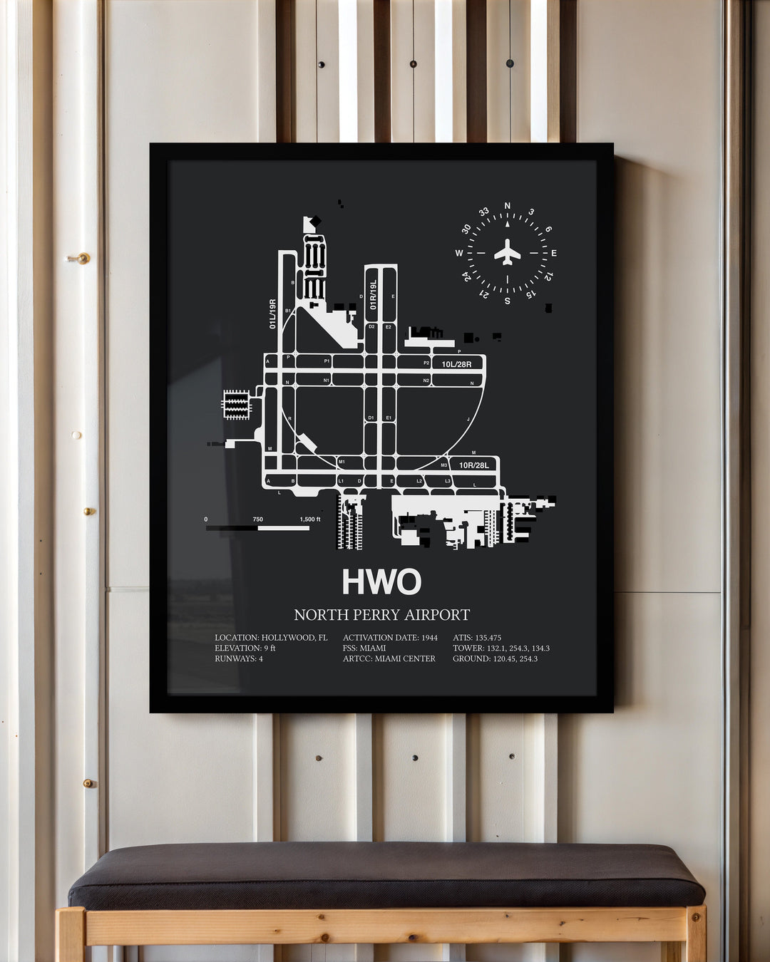 Framed Detailed Airport Map of North Perry Airport (HWO) in Gray with a Black Frame