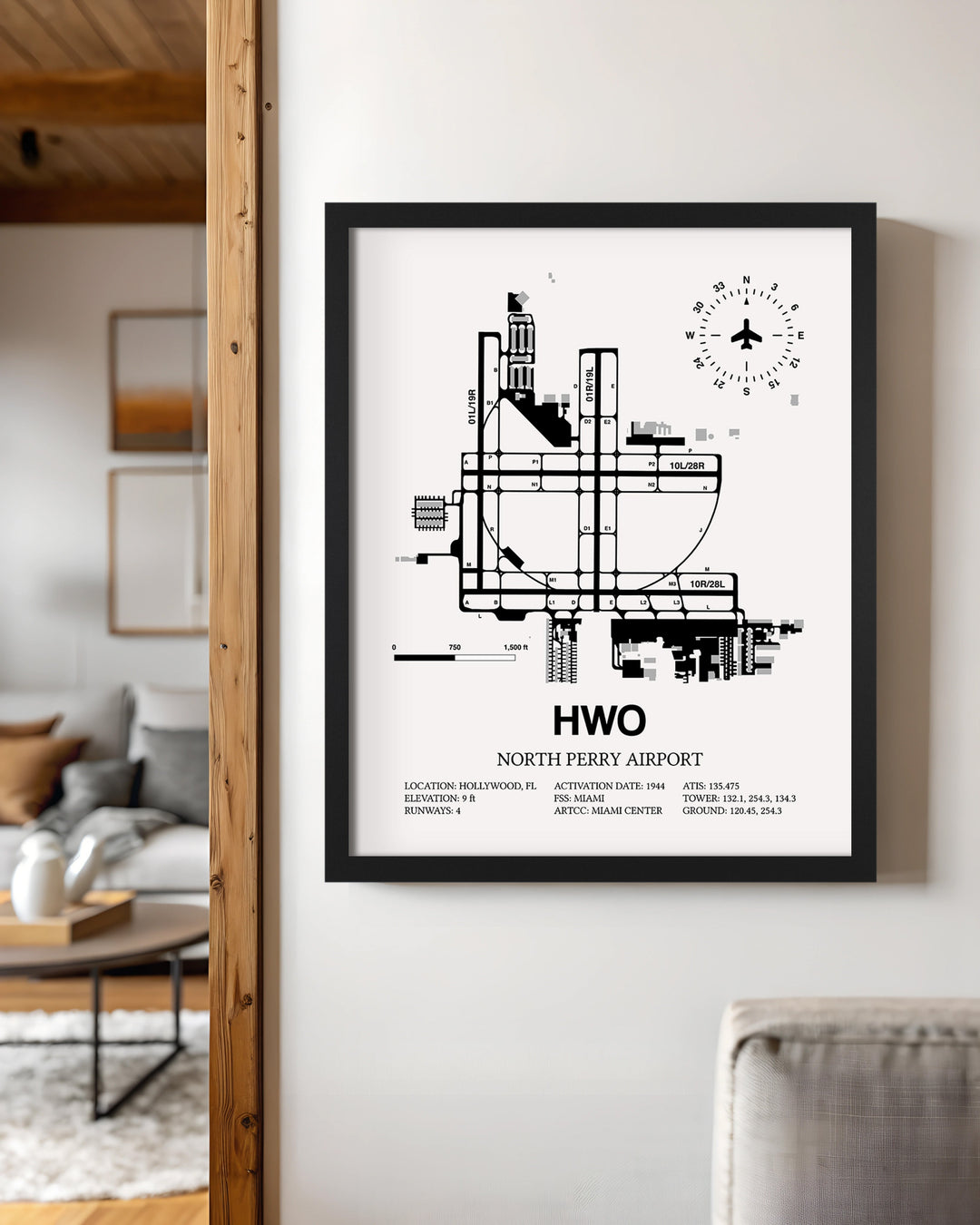 Framed Detailed Airport Map of North Perry Airport (HWO) in White with a Black Frame