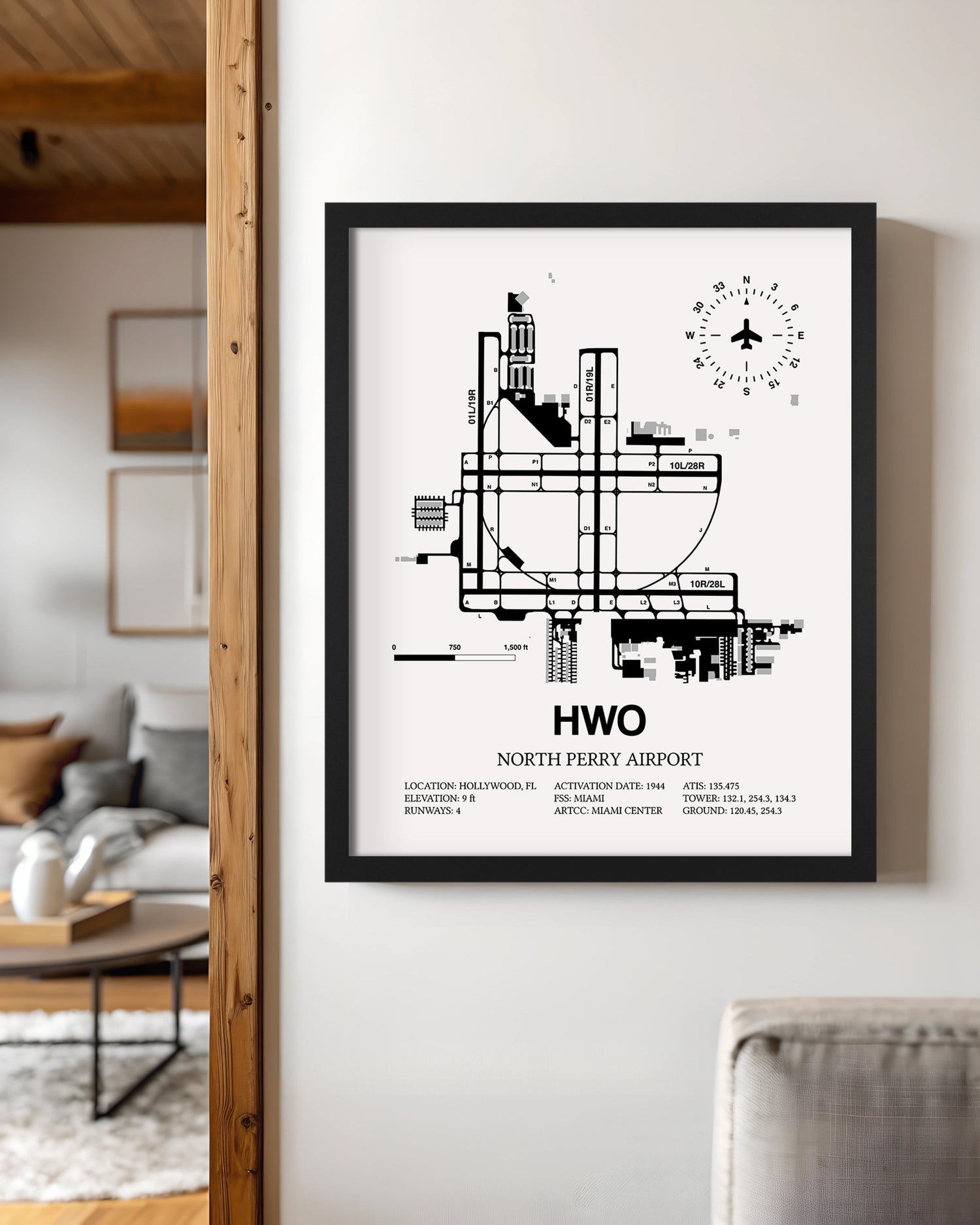 Framed Detailed Airport Map of North Perry Airport (HWO) in White with a Black Frame