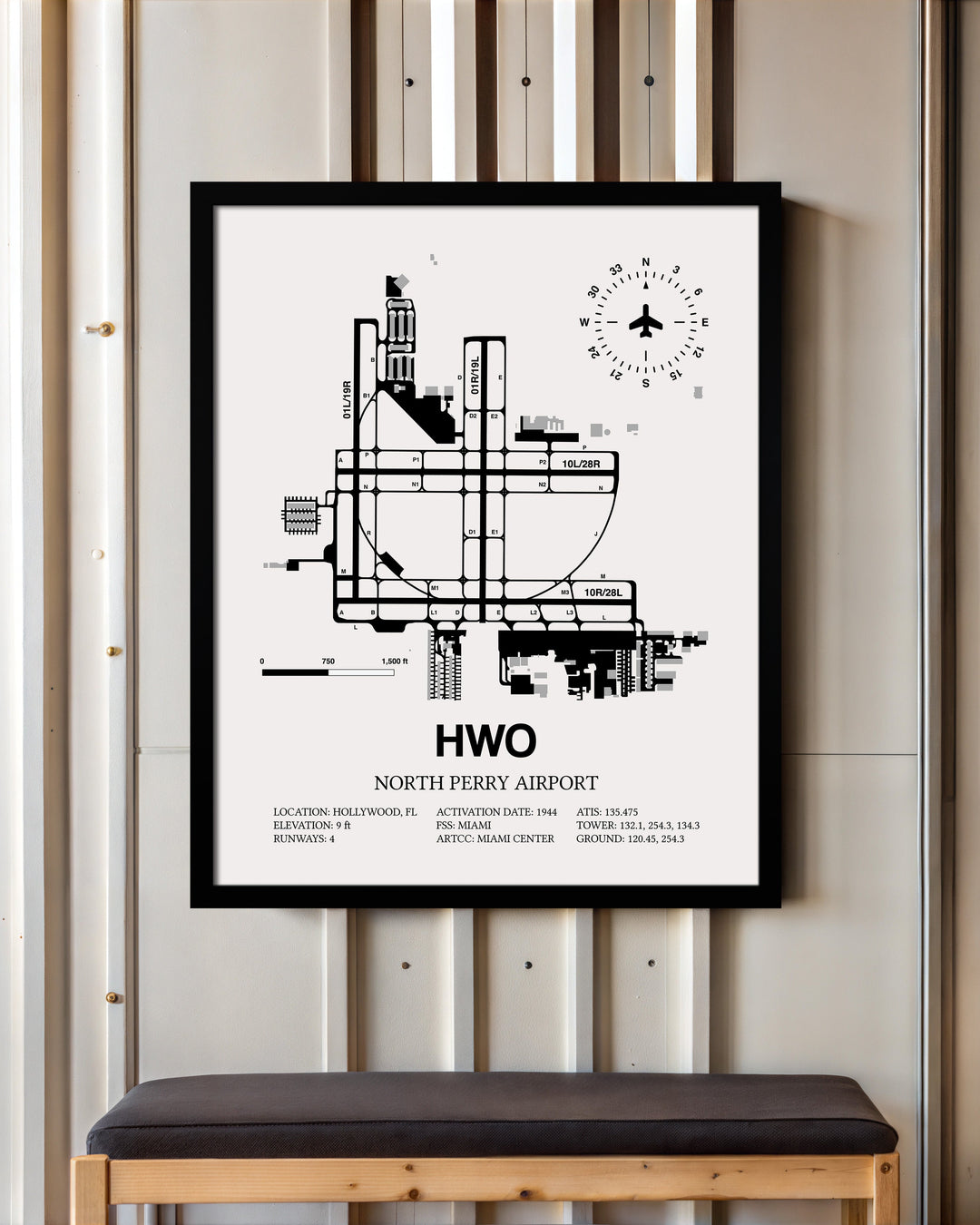 Framed Detailed Airport Map of North Perry Airport (HWO) in White with a Black Frame