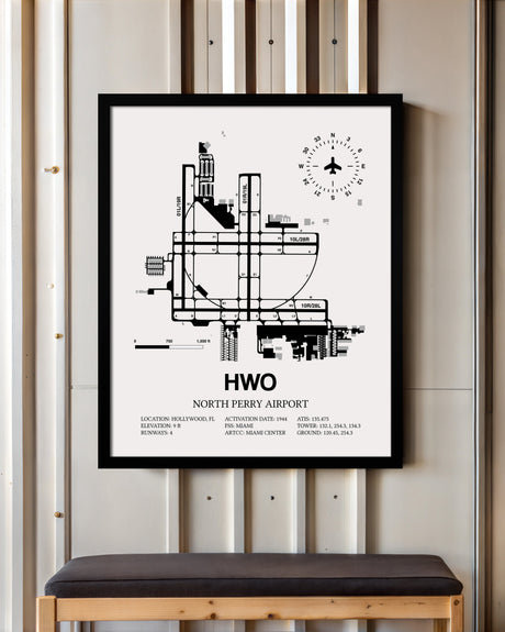 Framed Detailed Airport Map of North Perry Airport (HWO) in White with a Black Frame
