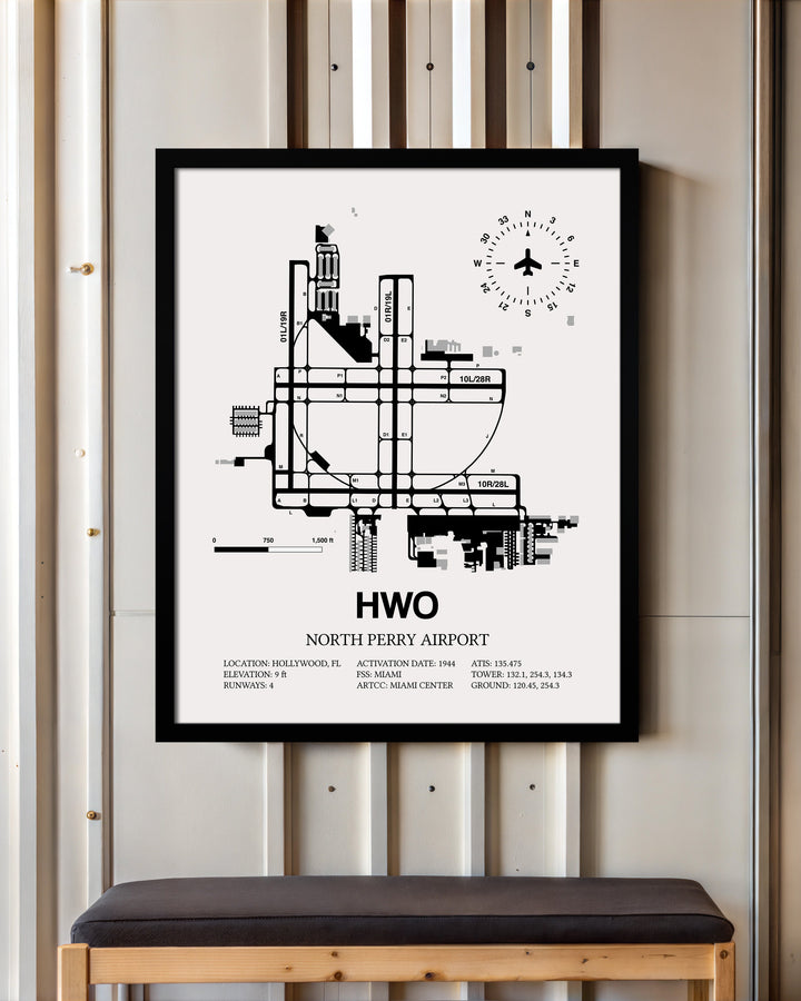 Framed Detailed Airport Map of North Perry Airport (HWO) in White with a Black Frame
