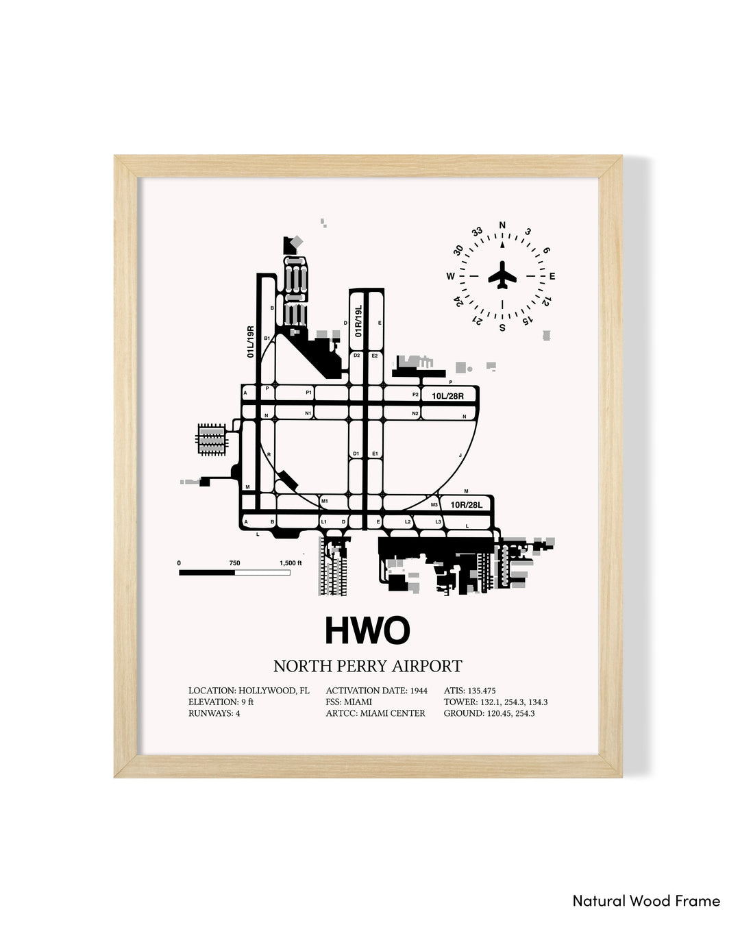 Detailed Airport Map of North Perry Airport (HWO) in White with a Natural Frame