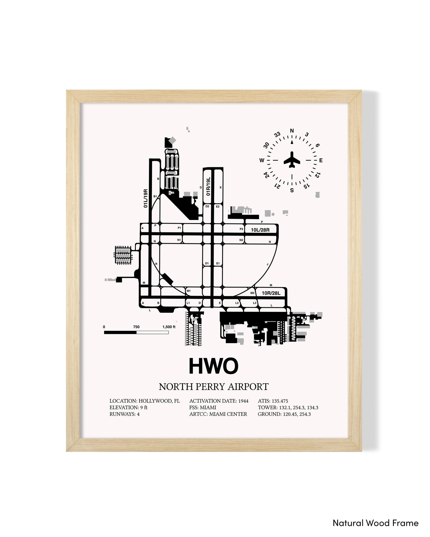 Detailed Airport Map of North Perry Airport (HWO) in White with a Natural Frame