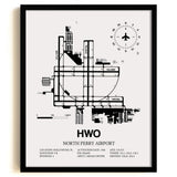 Framed Detailed Airport Map of North Perry Airport (HWO) in White with a Black Frame