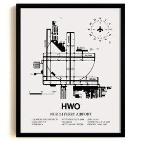 Framed Detailed Airport Map of North Perry Airport (HWO) in White with a Black Frame