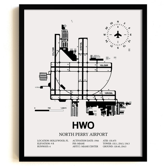 Framed Detailed Airport Map of North Perry Airport (HWO) in White with a Black Frame