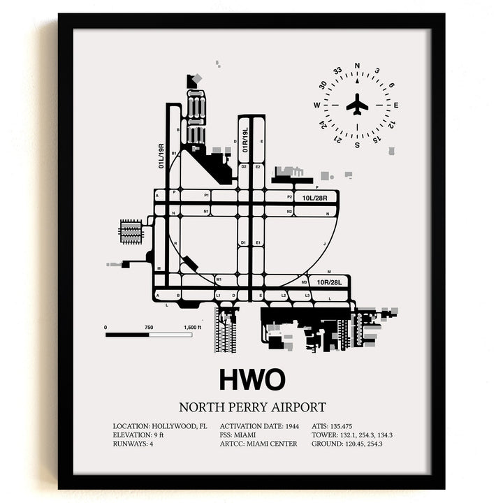 Framed Detailed Airport Map of North Perry Airport (HWO) in White with a Black Frame