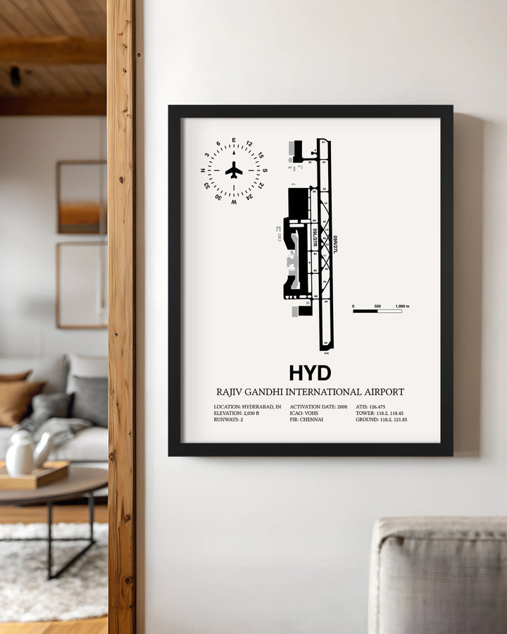 Framed Detailed Airport Map of Rajiv Gandhi International Airport (HYD) in White with a Black Frame