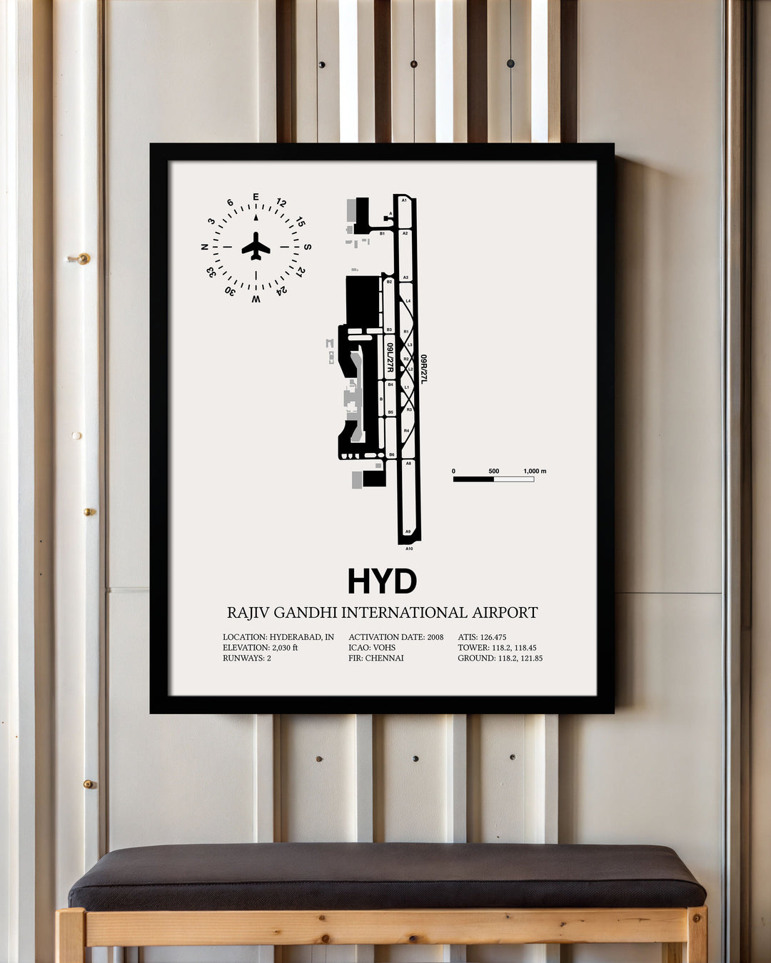 Framed Detailed Airport Map of Rajiv Gandhi International Airport (HYD) in White with a Black Frame