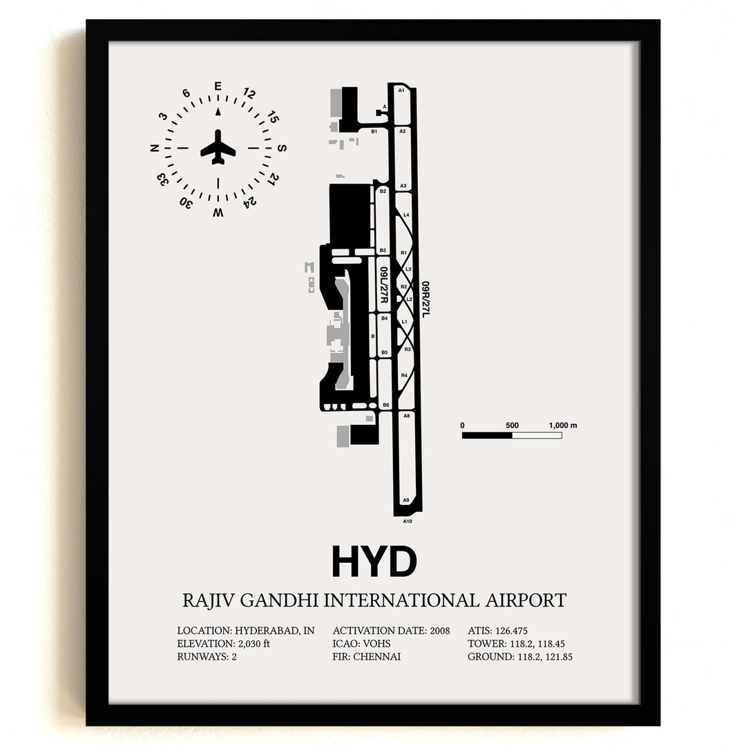 Framed Detailed Airport Map of Rajiv Gandhi International Airport (HYD) in White with a Black Frame