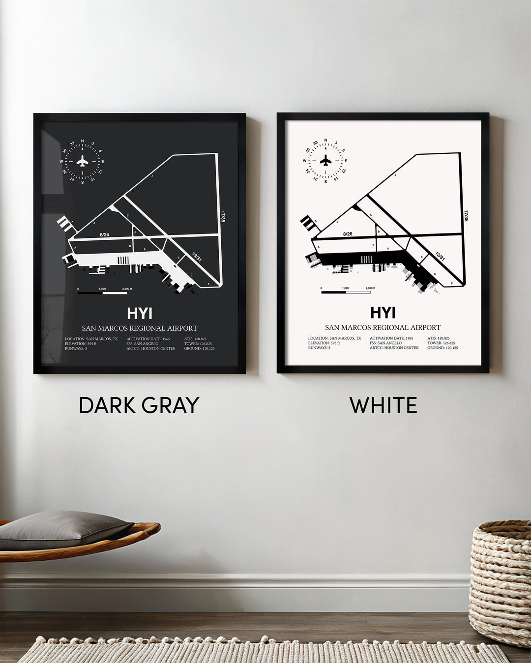 Framed Detailed Airport Map of San Marcos Regional Airport (HYI) in White and Gray