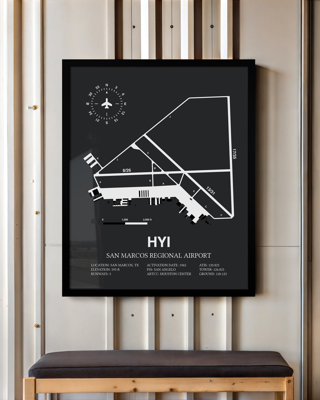 Framed Detailed Airport Map of San Marcos Regional Airport (HYI) in Gray with a Black Frame