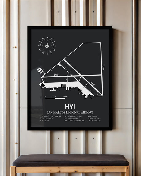 Framed Detailed Airport Map of San Marcos Regional Airport (HYI) in Gray with a Black Frame