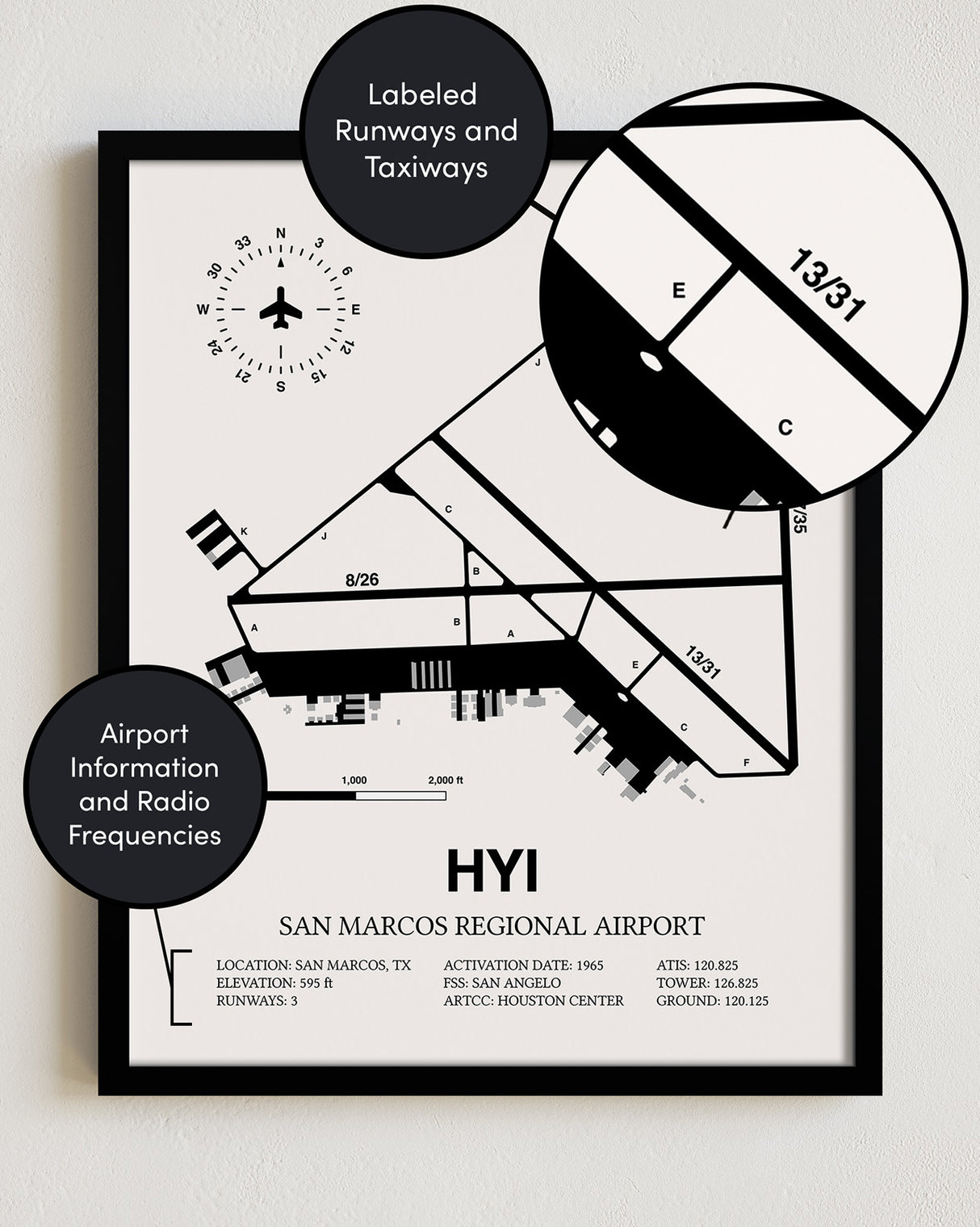 Framed Detailed Airport Map of San Marcos Regional Airport (HYI) in White with a Black Frame