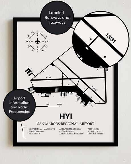 Framed Detailed Airport Map of San Marcos Regional Airport (HYI) in White with a Black Frame