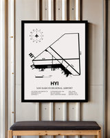 Framed Detailed Airport Map of San Marcos Regional Airport (HYI) in White with a Black Frame