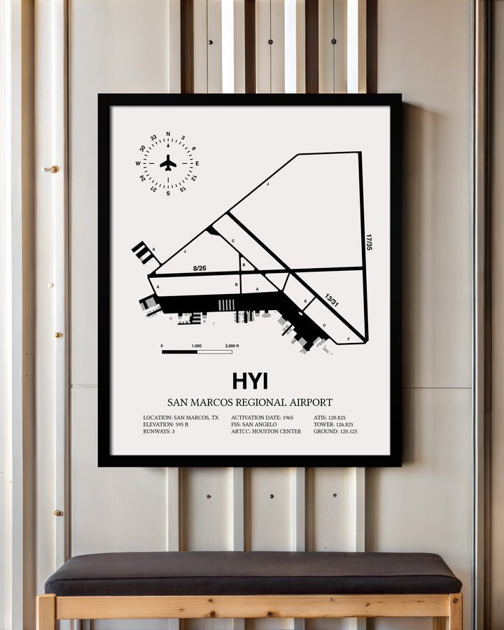 Framed Detailed Airport Map of San Marcos Regional Airport (HYI) in White with a Black Frame