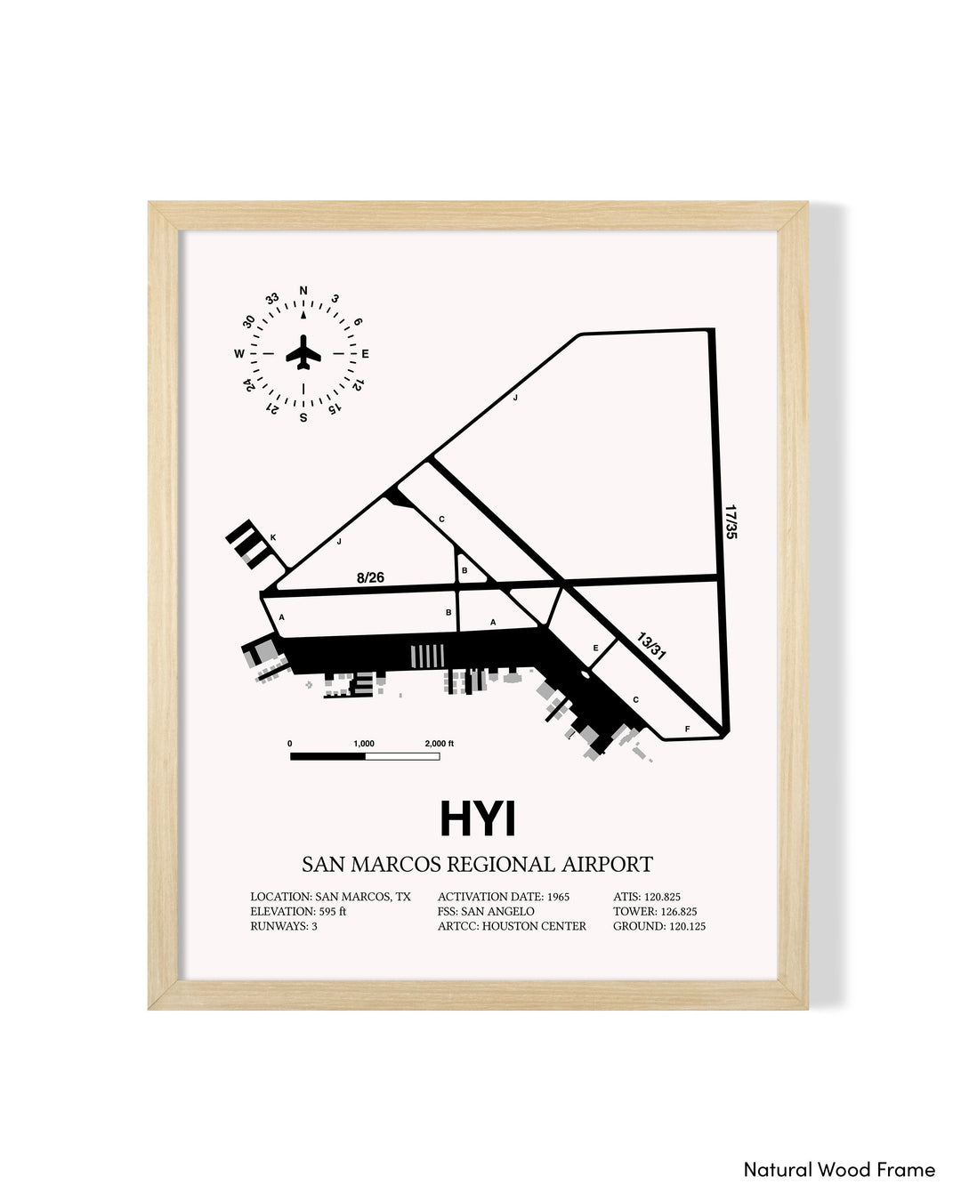 Detailed Airport Map of San Marcos Regional Airport (HYI) in White with a Natural Frame