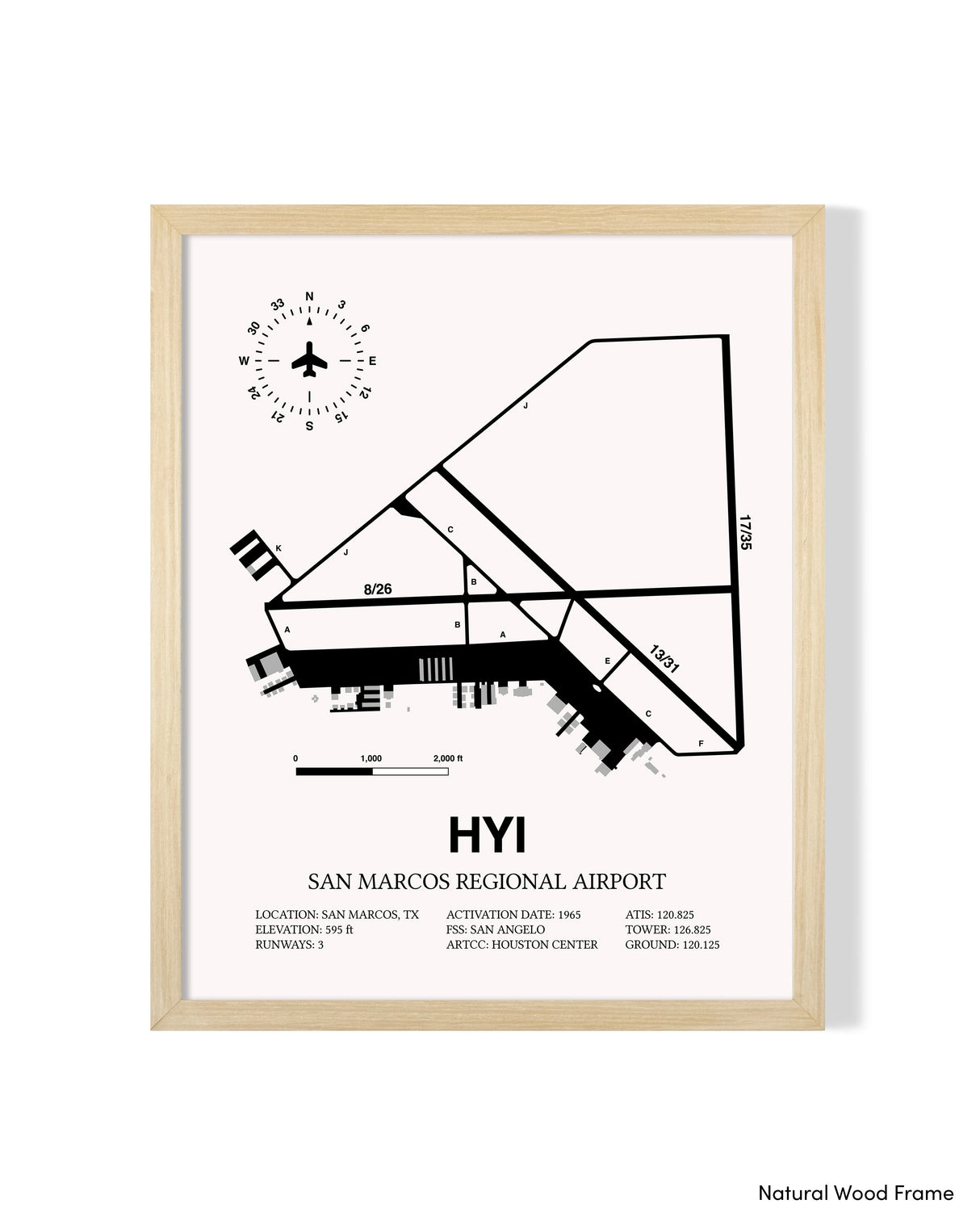 Detailed Airport Map of San Marcos Regional Airport (HYI) in White with a Natural Frame
