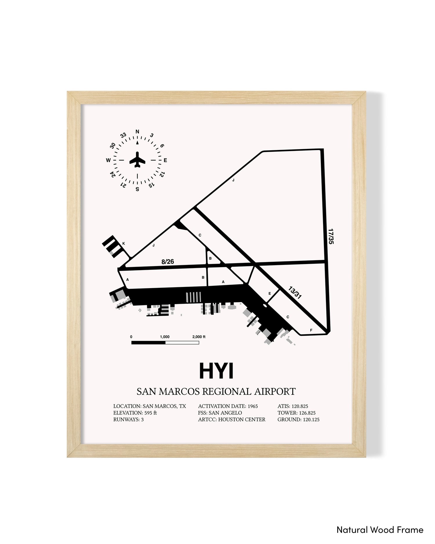 Detailed Airport Map of San Marcos Regional Airport (HYI) in White with a Natural Frame