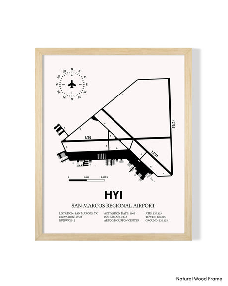 Detailed Airport Map of San Marcos Regional Airport (HYI) in White with a Natural Frame