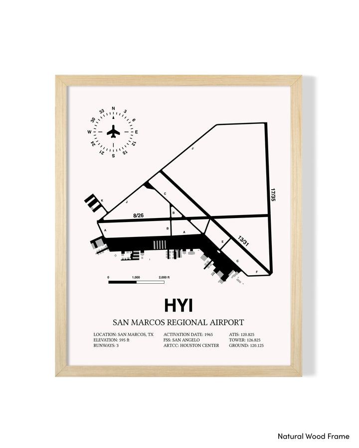 Detailed Airport Map of San Marcos Regional Airport (HYI) in White with a Natural Frame