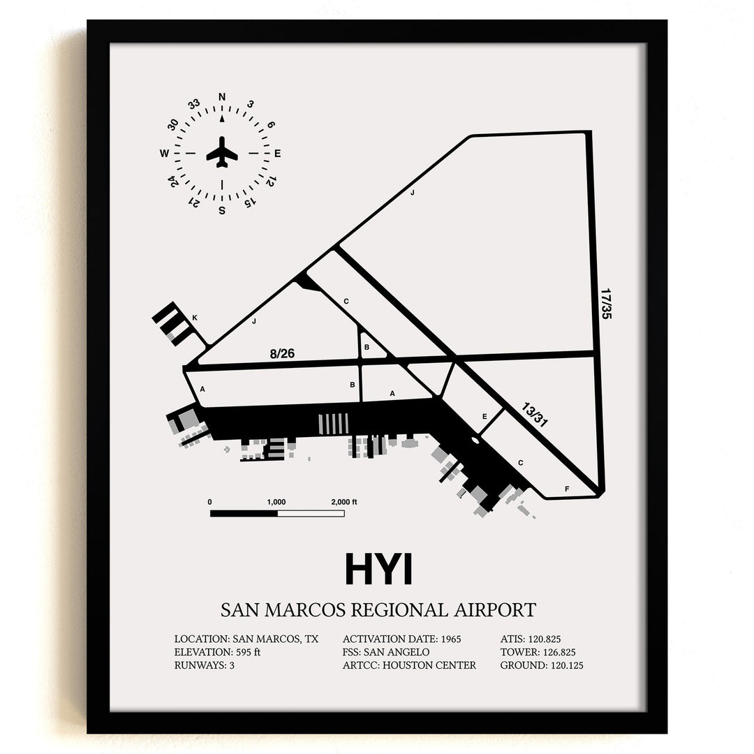 Framed Detailed Airport Map of San Marcos Regional Airport (HYI) in White with a Black Frame