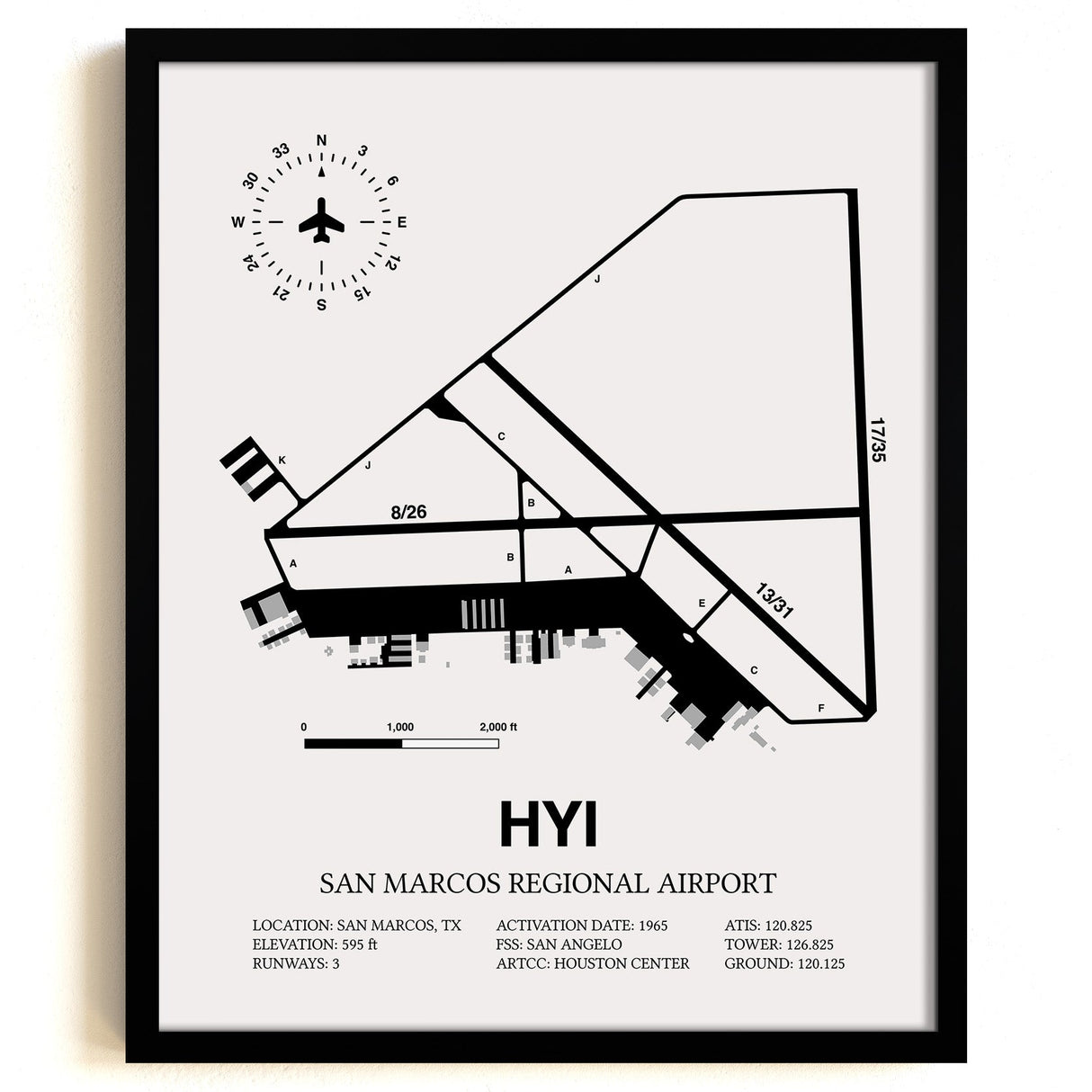 Framed Detailed Airport Map of San Marcos Regional Airport (HYI) in White with a Black Frame