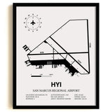 Framed Detailed Airport Map of San Marcos Regional Airport (HYI) in White with a Black Frame