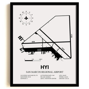 Framed Detailed Airport Map of San Marcos Regional Airport (HYI) in White with a Black Frame