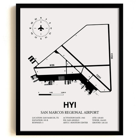 Framed Detailed Airport Map of San Marcos Regional Airport (HYI) in White with a Black Frame
