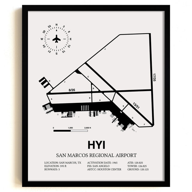 Framed Detailed Airport Map of San Marcos Regional Airport (HYI) in White with a Black Frame