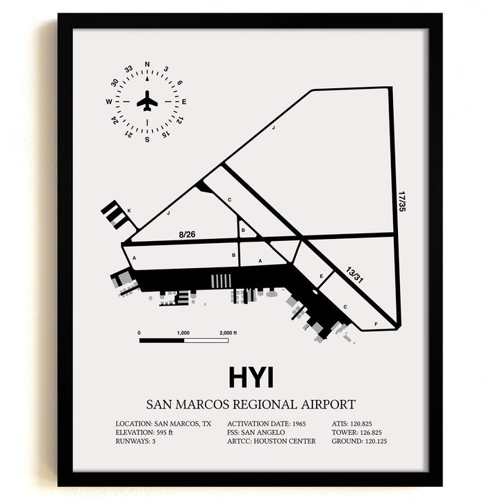 Framed Detailed Airport Map of San Marcos Regional Airport (HYI) in White with a Black Frame