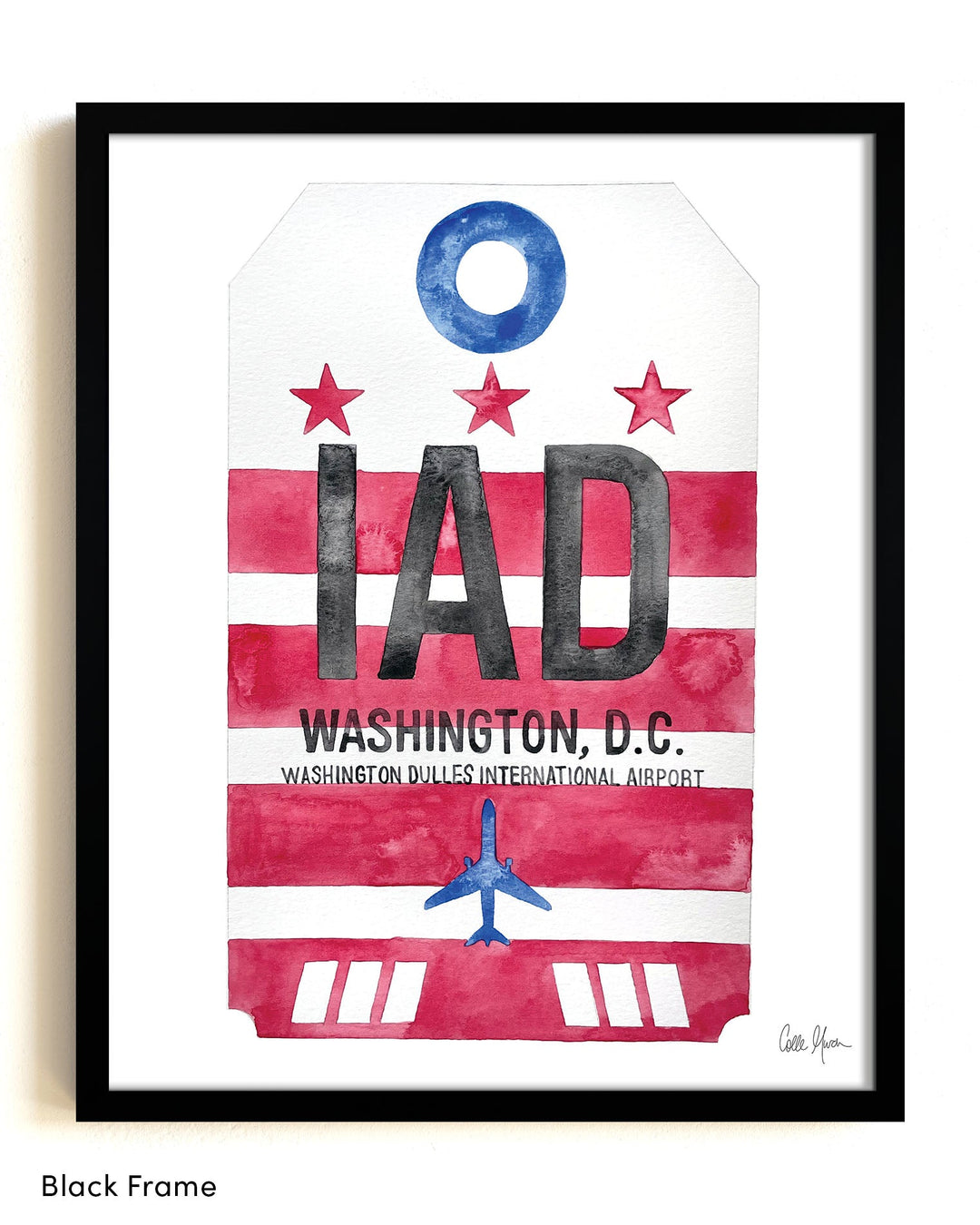 Framed Watercolor Print of Dulles International Airport (IAD) with a Black Frame