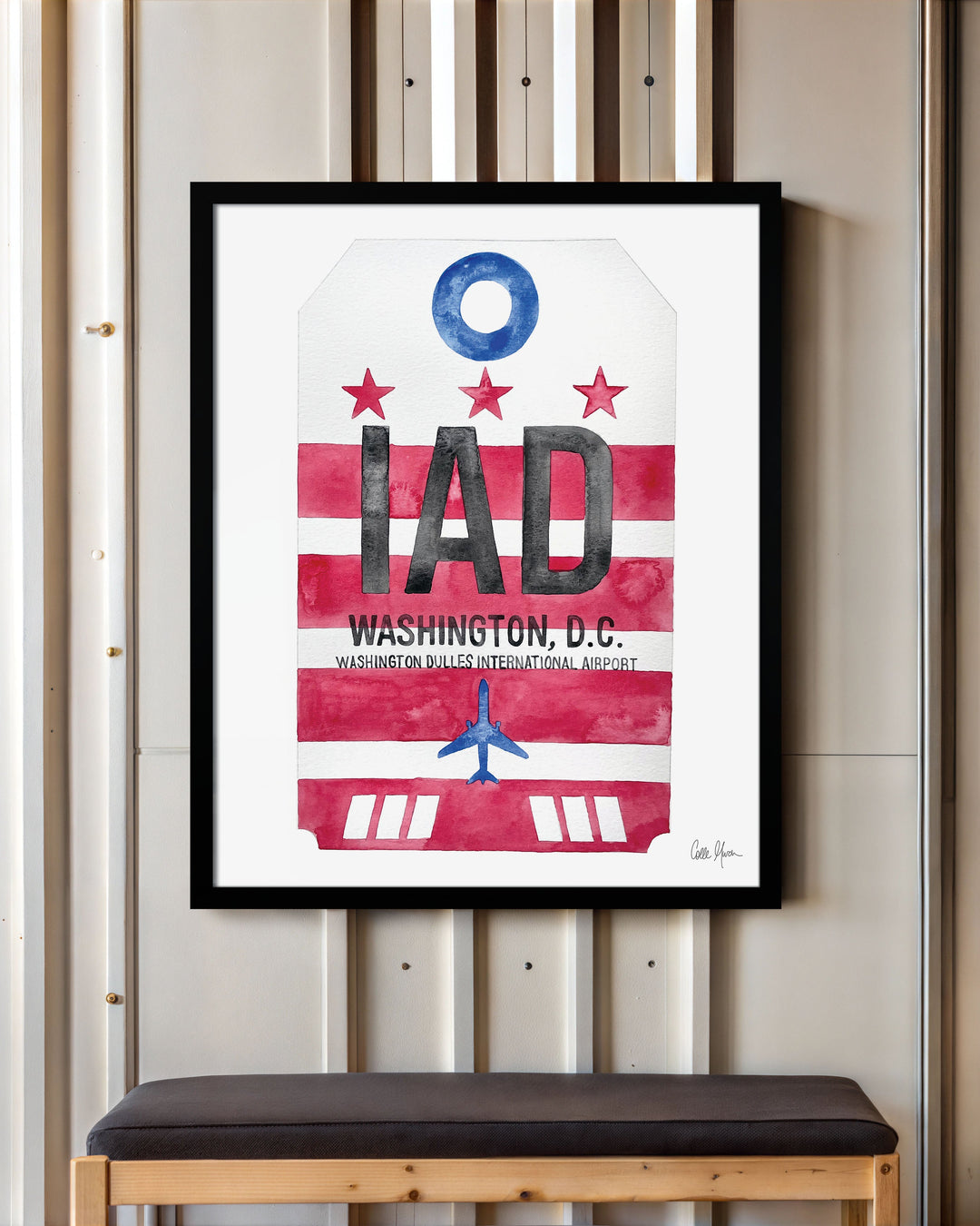 Framed Watercolor Print of Dulles International Airport (IAD) with a Black Frame