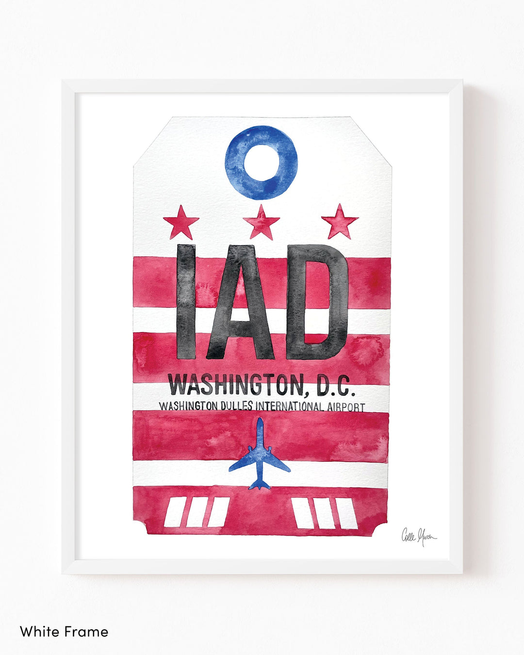 Framed Watercolor Print of Dulles International Airport (IAD) with a White Frame