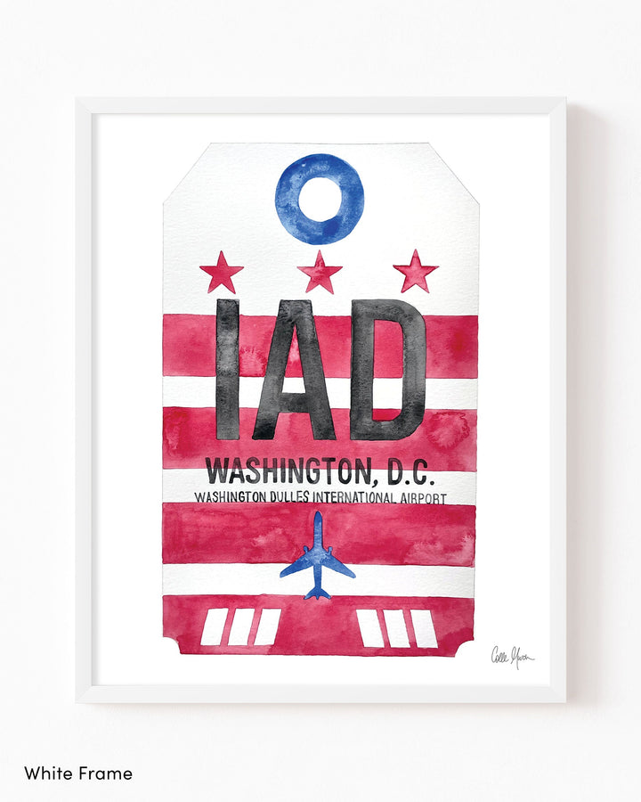 Framed Watercolor Print of Dulles International Airport (IAD) with a White Frame