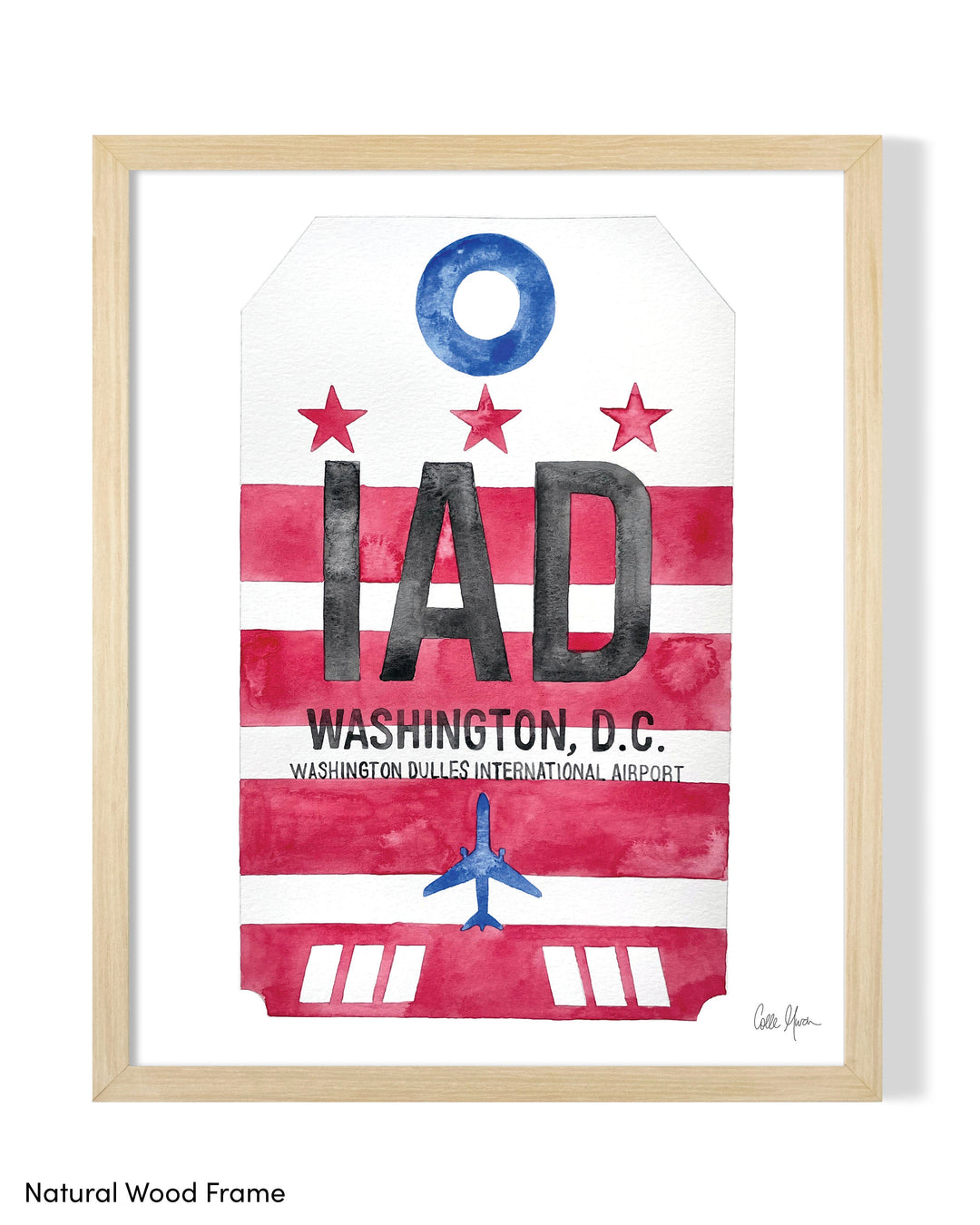 Framed Watercolor Print of Dulles International Airport (IAD) with a Natural Wood Frame