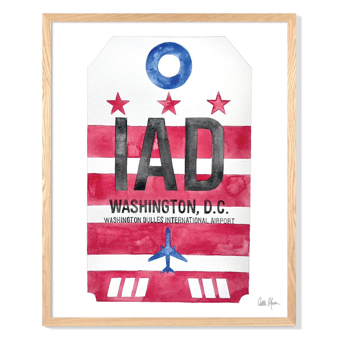 Framed Watercolor Print of Dulles International Airport (IAD) with an Oak Frame