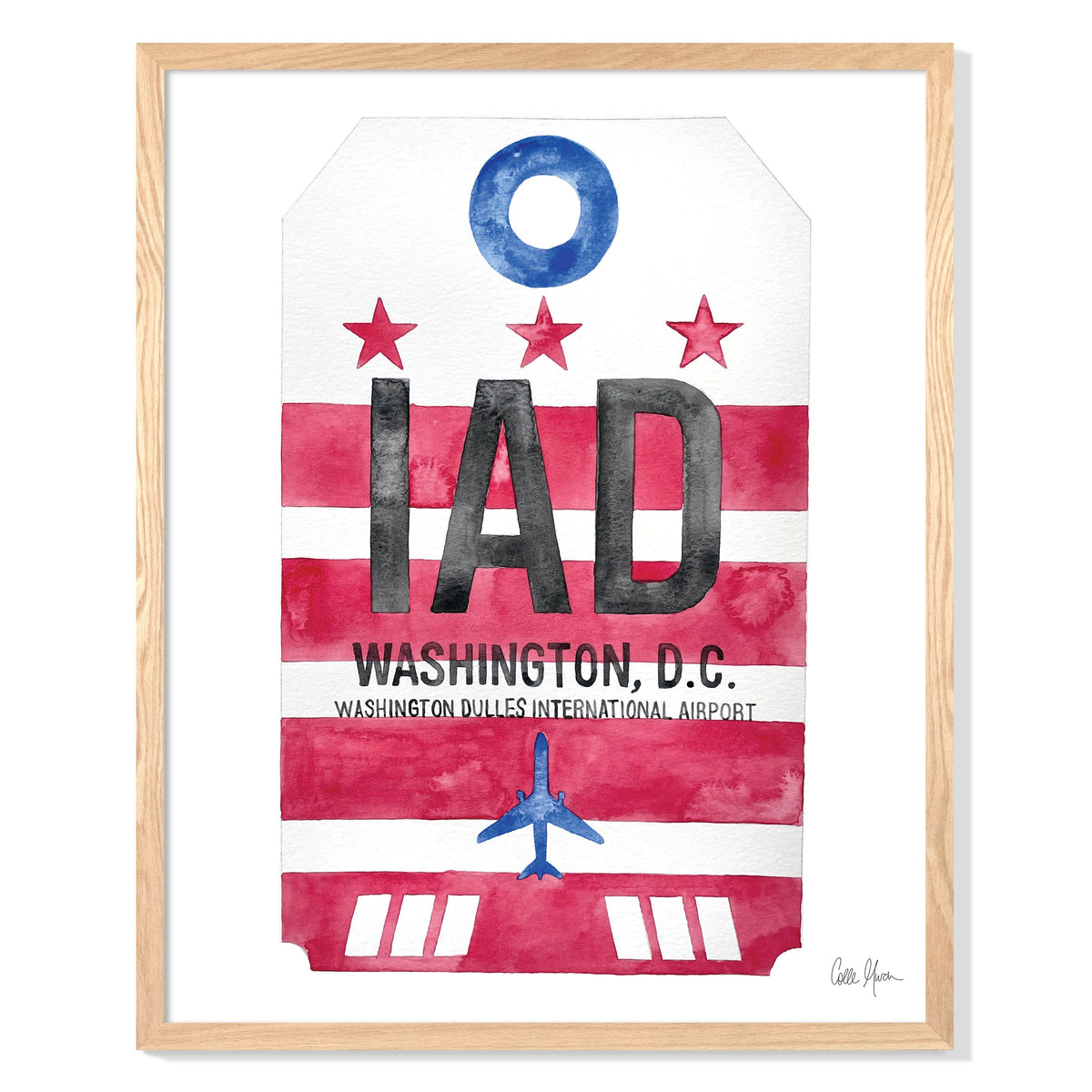 Framed Watercolor Print of Dulles International Airport (IAD) with an Oak Frame