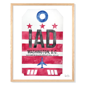 Framed Watercolor Print of Dulles International Airport (IAD) with an Oak Frame