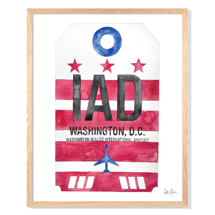 Framed Watercolor Print of Dulles International Airport (IAD) with an Oak Frame