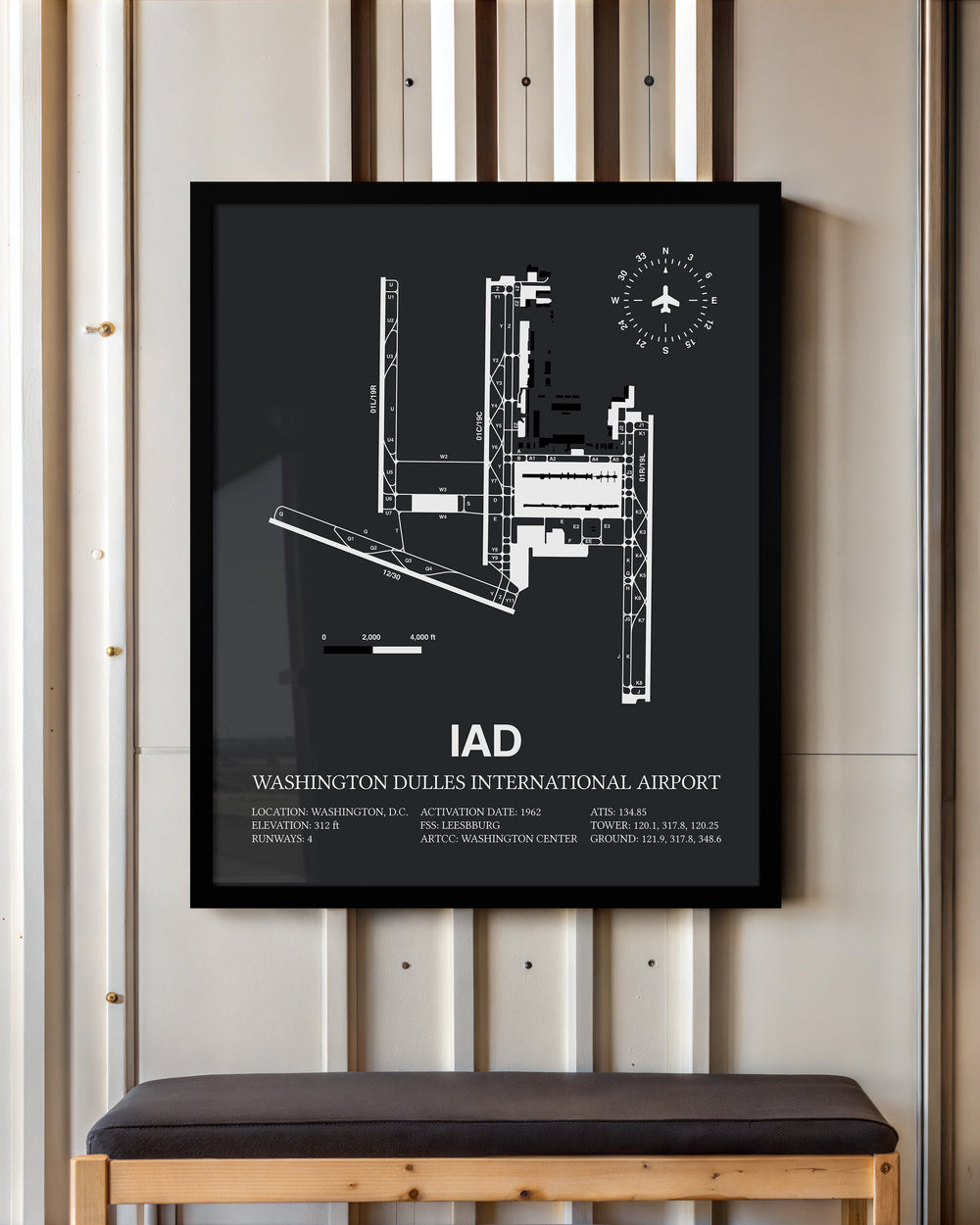 Framed Detailed Airport Map of Washington Dulles International Airport (IAD) in Gray with a Black Frame