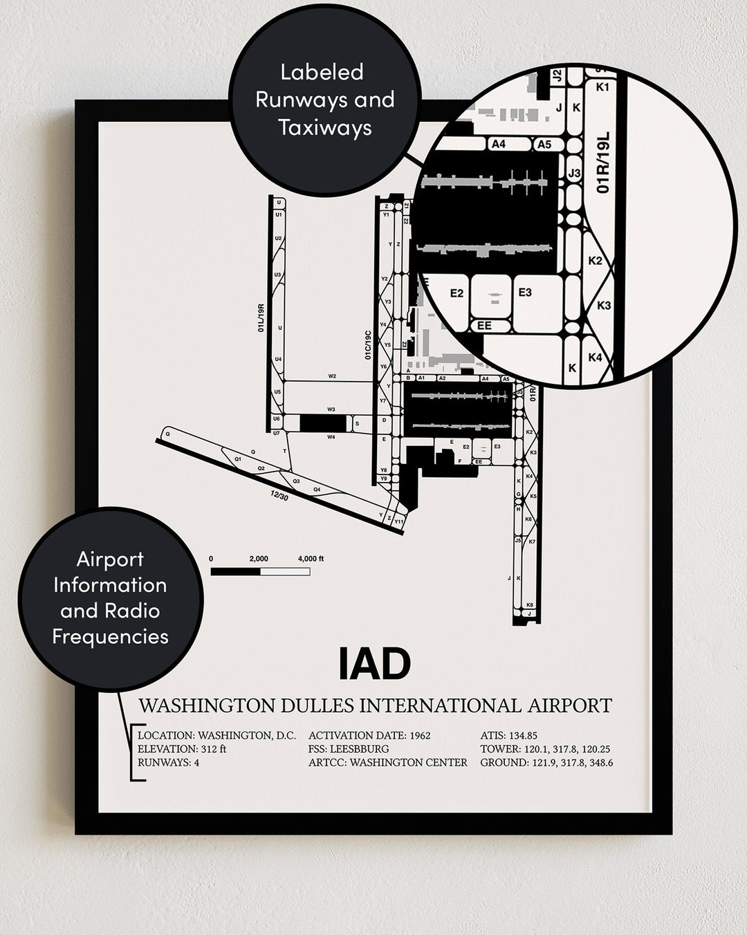 Framed Detailed Airport Map of Washington Dulles International Airport (IAD) in White with a Black Frame