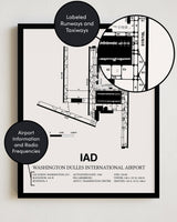 Framed Detailed Airport Map of Washington Dulles International Airport (IAD) in White with a Black Frame