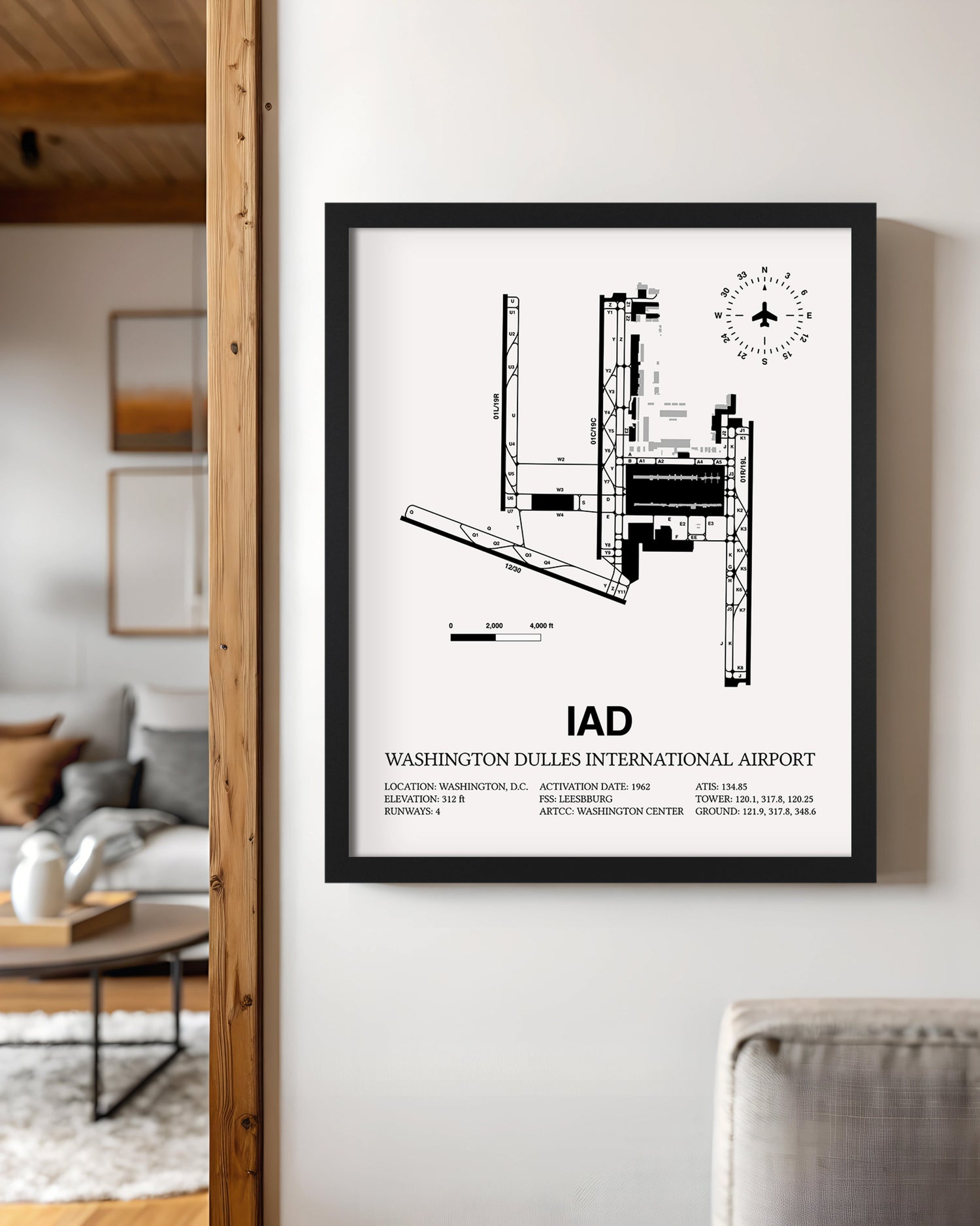 Framed Detailed Airport Map of Washington Dulles International Airport (IAD) in White with a Black Frame